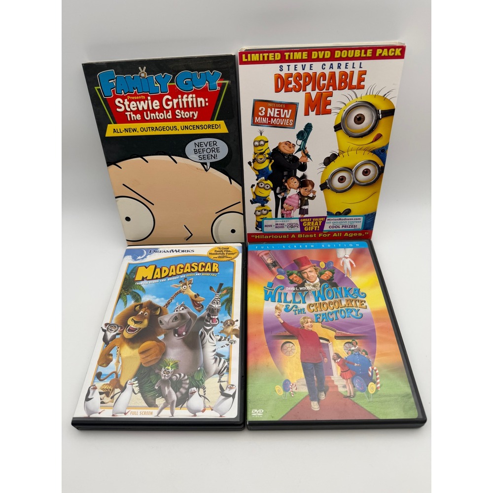 Family DVD Lot Despicable Me Madagascar Willy Wonka Family Guy‎ Stewie Untold